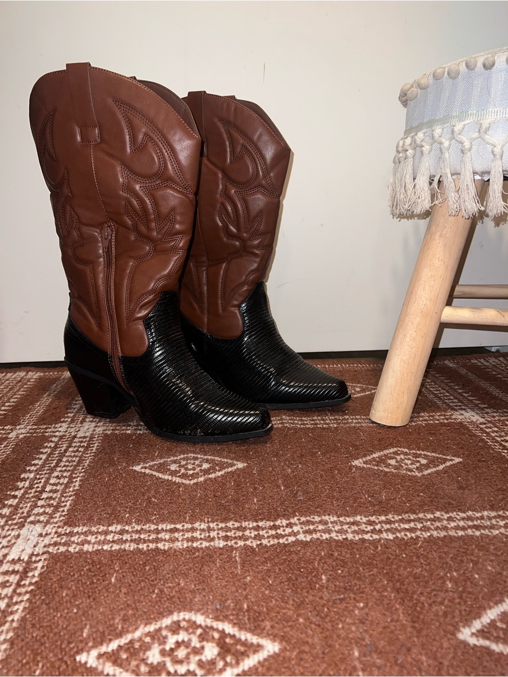 Classic Two-Tone Western Leather Boots - Brown and Black - Extra Wide Calf